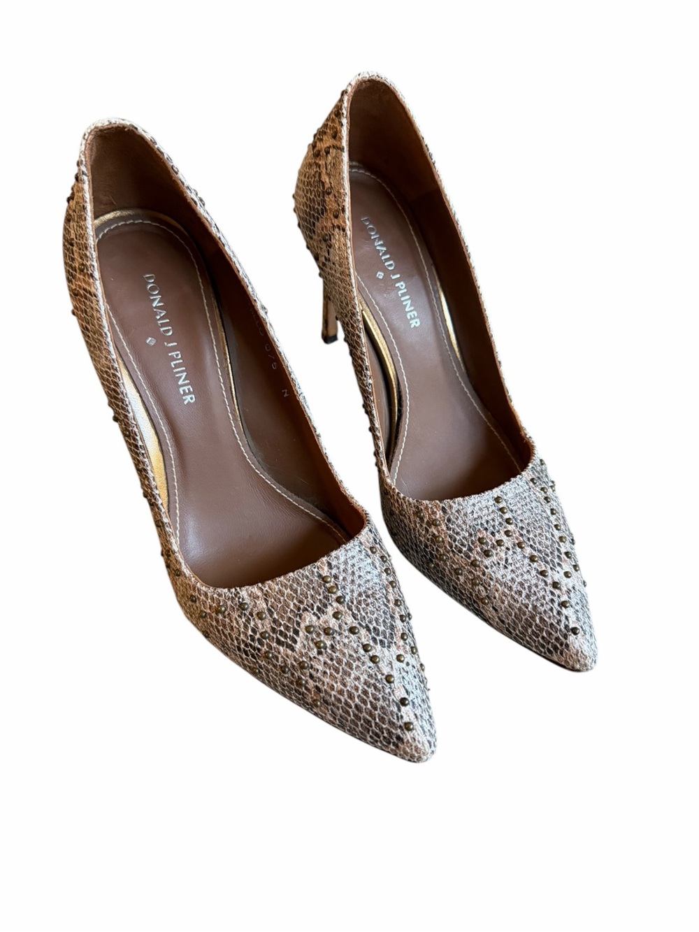 Donald J Pliner Snake Embossed Brass Studded Leather Pointed Toe Pumps